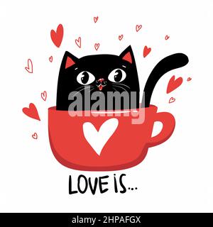Kawaii noir drôle assis dans une tasse rouge sur fond blanc avec coeur. Illustration vectorielle pour la Saint-Valentin. Parfait pour bannière web, site, valentin Illustration de Vecteur