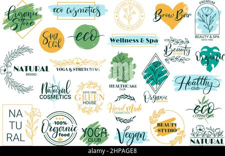 Citations santé, beauté, spa et yoga. Logos dessinés à la main pour les produits cosmétiques biologiques ensemble d'illustrations vectorielles. Lettrage spa et bien-être Illustration de Vecteur