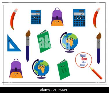 Un jeu de puzzle pour les enfants trouver l'un d'un genre. Fournitures scolaires de dessin animé mignon. Vecteur isolé sur fond blanc Illustration de Vecteur