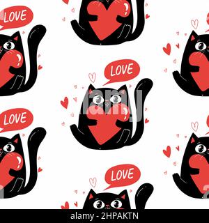 Motif Saint-Valentin sans coutures avec caractère chat noir, chat avec coeur rouge. Arrière-plan blanc isolé Illustration de Vecteur