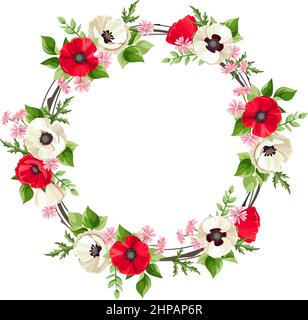 Couronne à fleurs vectorielles avec fleurs de pavot rouges et blanches, petites fleurs roses et feuilles vertes. Cadre en forme de cercle fleuri. Carte de vœux ou d'invitation Illustration de Vecteur