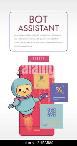 Chatbot concept baner. Le bot tient une carte de crédit. Le robot aide à déterminer le pourcentage de remise. Service client Chatbot. flat Illustrator Illustration de Vecteur