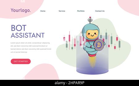 Bot de négociation de crypto-monnaie. Le bot commerce sur le marché des crypto-monnaies. Le robot de trading de crypto-monnaie fait de l'argent. Virtual assistant robot site Web ou Mo Illustration de Vecteur
