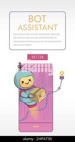 Chatbot isolé sur fond blanc. Le bot tient la boîte et aide à la livraison des paquets. Service client Chatbot. Illustration vectorielle plate Illustration de Vecteur