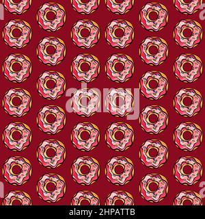 Motif sans couture de beignets rouges sur fond rouge. Confiserie sucreries vue de dessus. Illustration de haute qualité Banque D'Images
