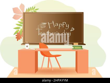 Carte postale Happy Teachers Day concept. Bureau de l'enseignant avec feuilles d'automne. Table et planche avec chaise. École et formation. Fournitures scolaires. Mignonne malade Illustration de Vecteur