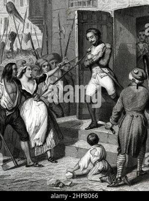 Révolution francaise, massacres de septembre, massacre du 3 septembre 1792 la prison de l'abbaye a Paris par les septembriseurs (massacres de septembre le 3rd septembre 1792 à la prison de l'Abbaye) Gravure tiree de 'les prisons de 'Europe' d'Alboize et Maquet, 1845 Collection privee Banque D'Images