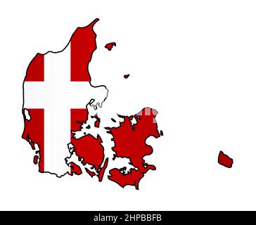 Carte silhouette du Danemark avec drapeau intégré isolé sur fond blanc Banque D'Images