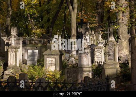 Pierres tombales dans le cimetière de Powązki (en polonais : Cmentarz Powązkowski) dans la ville de Varsovie, Pologne, nécropole historique dans le quartier de Wola. Banque D'Images