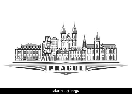 Illustration vectorielle de Prague, affiche horizontale monochrome avec design linéaire célèbre paysage urbain de prague, concept d'art urbain avec lettre décorative Illustration de Vecteur