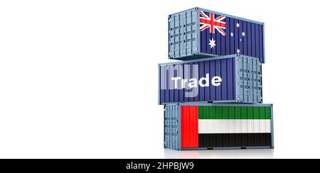 Conteneurs de fret avec drapeaux nationaux des Émirats arabes Unis et de l'Australie.Rendu 3D Banque D'Images