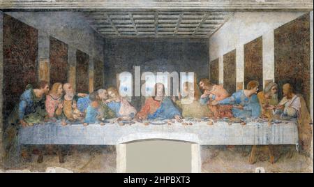 La Cène de Léonard de Vinci (1452-1519) peinture murale 1495-1498 montrant Jésus avec ses 12 disciples au moment où Jésus annonce qu'un de ses apôtres le trahit. Banque D'Images