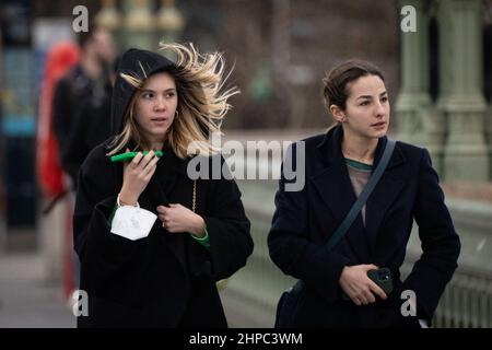 Les gens traversent le pont de Westminster, à Londres. Des conditions météorologiques plus humides et venteuses sont sur le chemin du Royaume-Uni dimanche après que Storm Eunice ait causé ce que les fournisseurs pensent être la plus importante coupure d'électricité nationale jamais enregistrée. Date de la photo: Dimanche 20 février 2022. Banque D'Images