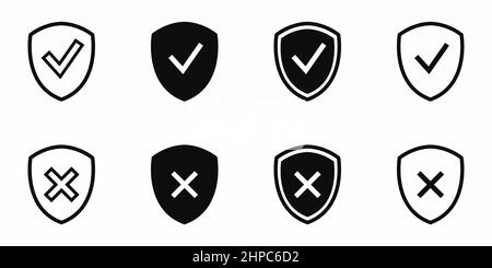 Définir l'icône de croix de vérification et d'absence de vérification dans le bouclier. Illustration clipart vectorielle sur un arrière-plan isolé. Illustration de Vecteur