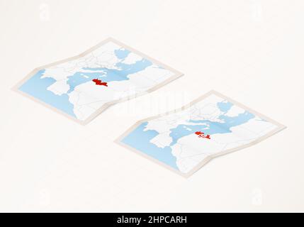 Deux versions d'une carte pliée de Tunisie avec le drapeau du pays de Tunisie et la couleur rouge mise en évidence. Ensemble de cartes vectorielles isométriques. Illustration de Vecteur