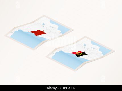 Deux versions d'une carte pliée de l'Angola avec le drapeau du pays de l'Angola et la couleur rouge mise en évidence. Ensemble de cartes vectorielles isométriques. Illustration de Vecteur