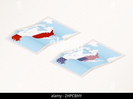 Deux versions d'une carte pliée des Etats-Unis avec le drapeau du pays des Etats-Unis et la couleur rouge mise en évidence. Ensemble de cartes vectorielles isométriques. Illustration de Vecteur