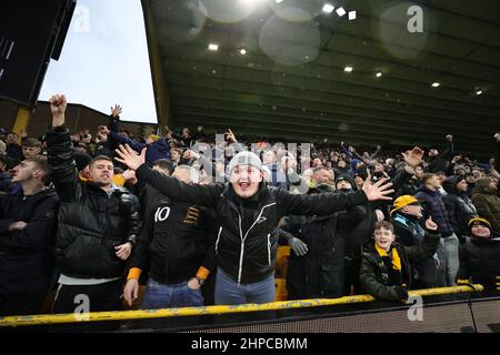 WOLVERHAMPTON, ROYAUME-UNI. FÉV 19TH. Les fans de loups fêtent leur premier but lors du match de la Premier League entre Wolverhampton Wanderers et Leicester City à Molineux, Wolverhampton, le dimanche 20th février 2022. (Credit: James HolyOak | MI News ) Credit: MI News & Sport /Alay Live News Banque D'Images