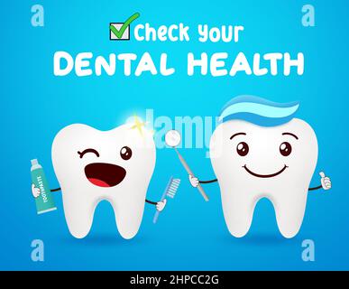Motif de vecteur dentaire des dents emoji. Vérifiez votre texte de santé dentaire avec le personnage d'emojis de dent d'enfant et de dentiste pour des soins de santé bucco-dentaire propres et sains. Illustration de Vecteur