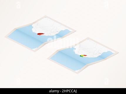 Deux versions d'une carte pliée du Sénégal avec le drapeau du pays du Sénégal et la couleur rouge mise en évidence. Ensemble de cartes vectorielles isométriques. Illustration de Vecteur