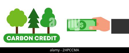 Concept de crédit carbone. L'homme d'affaires achète des crédits carbone. CO2 réglementation de la pollution. Des pratiques respectueuses de l'environnement en équilibre avec les gaz à effet de serre. Illustration de Vecteur