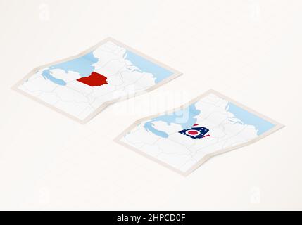 Deux versions d'une carte pliée de l'Ohio avec le drapeau du pays de l'Ohio et la couleur rouge mise en évidence. Ensemble de cartes vectorielles isométriques. Illustration de Vecteur