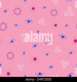 Motif ésotérique sans couture avec symboles magiques dessinés à la main sur fond rose. Illustration de Vecteur