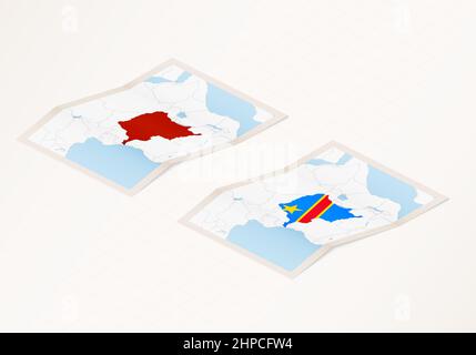 Deux versions d'une carte pliée de la RD Congo avec le drapeau du pays de la RD Congo et la couleur rouge mise en évidence. Ensemble de cartes vectorielles isométriques. Illustration de Vecteur