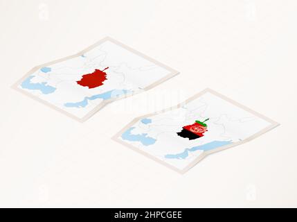 Deux versions d'une carte pliée de l'Afghanistan avec le drapeau du pays de l'Afghanistan et la couleur rouge mise en évidence. Ensemble de vecteur isométrique ma Illustration de Vecteur