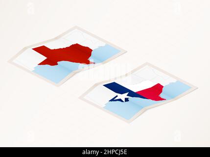 Deux versions d'une carte pliée du Texas avec le drapeau du pays du Texas et la couleur rouge mise en évidence. Ensemble de cartes vectorielles isométriques. Illustration de Vecteur