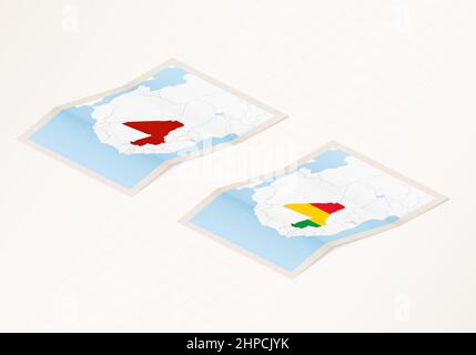 Deux versions d'une carte pliée du Mali avec le drapeau du pays du Mali et la couleur rouge mise en évidence. Ensemble de cartes vectorielles isométriques. Illustration de Vecteur