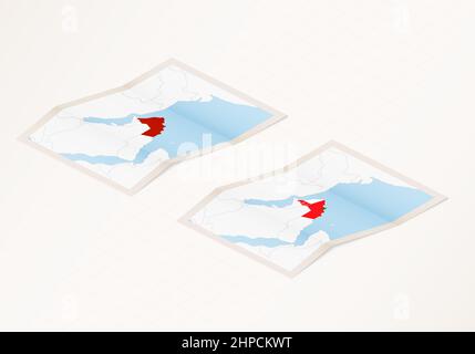 Deux versions d'une carte pliée d'Oman avec le drapeau du pays d'Oman et la couleur rouge mise en évidence. Ensemble de cartes vectorielles isométriques. Illustration de Vecteur