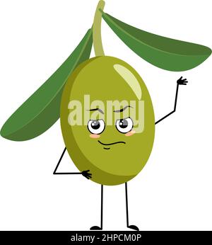 Caractère olive avec des émotions de héros, visage courageux, bras et jambe. Personne avec expression de courage, émoticône de fruit. Illustration vectorielle plate Illustration de Vecteur