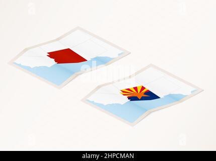 Deux versions d'une carte pliée de l'Arizona avec le drapeau du pays de l'Arizona et la couleur rouge mise en évidence. Ensemble de cartes vectorielles isométriques. Illustration de Vecteur