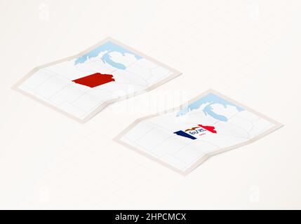 Deux versions d'une carte pliée de l'Iowa avec le drapeau du pays de l'Iowa et la couleur rouge mise en évidence. Ensemble de cartes vectorielles isométriques. Illustration de Vecteur