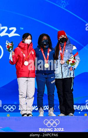 (G-D) Miho Takagi (JPN), Erin Jackson (Etats-Unis), Angelina Golikova (ROC), 14 FÉVRIER 2022 - Patinage de vitesse : cérémonie de la médaille 500m des femmes durant la Beiji Banque D'Images