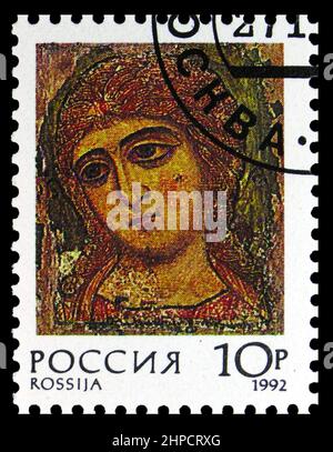 MOSCOU, RUSSIE - 4 NOVEMBRE 2021 : le timbre-poste imprimé en Russie montre Archange Gabriel, Musée russe, Saint-Pétersbourg (13th c.), Russian Religi Banque D'Images