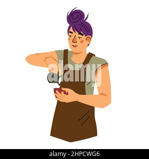 Barista versant du lait dans une tasse à café, illustration vectorielle plate isolée sur fond blanc. Personnage féminin de barista pour le café et les plats à emporter. Illustration de Vecteur