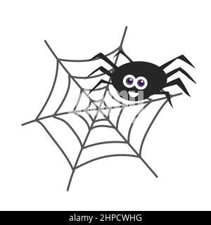Grande araignée noire souriante assise sur une toile d'araignée sur un fond isolé sur blanc. Style de dessin animé Illustration de Vecteur