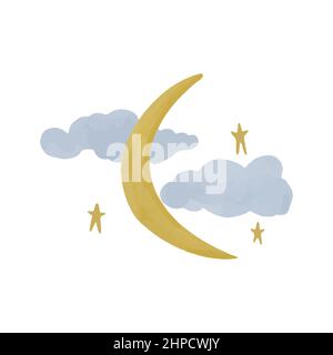 Objets spatiaux dessinés à la main avec des aquarelles dans le style boho. Illustration vectorielle. Crescent et étoiles peintes avec des peintures pour le design des enfants. Illustration de Vecteur