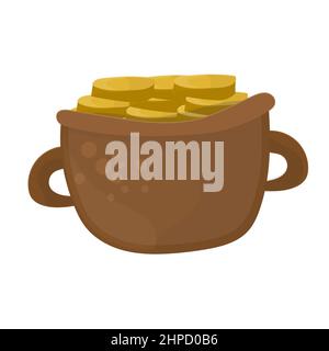 Le pot de dessin animé marron est rempli de pièces d'or. Illustration vectorielle sur fond blanc Illustration de Vecteur