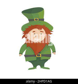 Dessin animé Leprechaun en manteau de grenouille vert et chapeau de dessus. Carte de Saint Patrick. Vecteur. Personnage traditionnel irlandais de vacances sur fond blanc Illustration de Vecteur