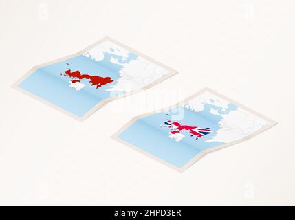 Deux versions d'une carte pliée du Royaume-Uni avec le drapeau du pays du Royaume-Uni et la couleur rouge mise en évidence. Ensemble de vec isométrique Illustration de Vecteur