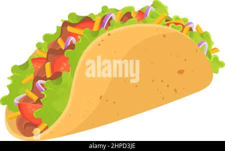 Délicieux dessin animé mexicain Taco isolé sur fond blanc. Viande de bœuf, tomate, fromage, oignon, laitue, ingrédients de tortilla de maïs. Illustration de Vecteur