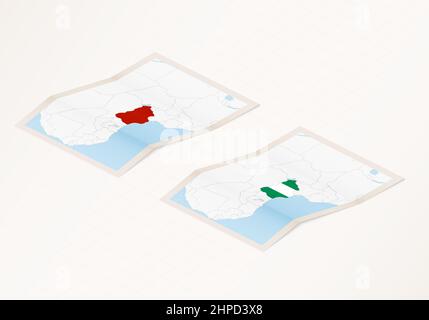 Deux versions d'une carte pliée du Nigeria avec le drapeau du pays du Nigeria et la couleur rouge mise en évidence. Ensemble de cartes vectorielles isométriques. Illustration de Vecteur