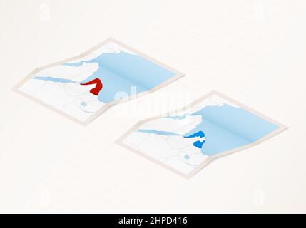 Deux versions d'une carte pliée de la Somalie avec le drapeau du pays de Somalie et la couleur rouge mise en évidence. Ensemble de cartes vectorielles isométriques. Illustration de Vecteur