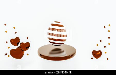 Joyeuses Pâques. Oeuf de chocolat sur le podium avec des coeurs de chocolat et des dragées qui levent autour . Doux composition de Pâques. 3D illustration Banque D'Images