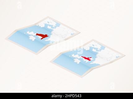 Deux versions d'une carte pliée de l'Angleterre avec le drapeau du pays d'Angleterre et la couleur rouge mise en évidence. Ensemble de cartes vectorielles isométriques. Illustration de Vecteur