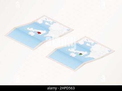 Deux versions d'une carte pliée du pays de Galles avec le drapeau du pays de Galles et la couleur rouge mise en évidence. Ensemble de cartes vectorielles isométriques. Illustration de Vecteur