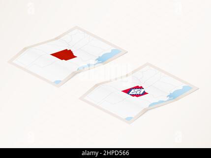 Deux versions d'une carte pliée de l'Arkansas avec le drapeau du pays de l'Arkansas et la couleur rouge mise en évidence. Ensemble de cartes vectorielles isométriques. Illustration de Vecteur